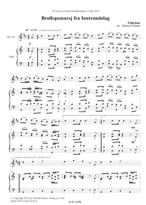 Hovedbilde Brøllopsmarsj fra Inntrøndelag, arr. Steinar Eielsen, trompet/orgel