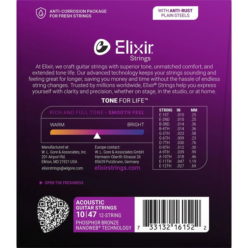 Elixir 16152 Nanoweb 12-str. ak. gitarstr. Phosphor Br. 010-047